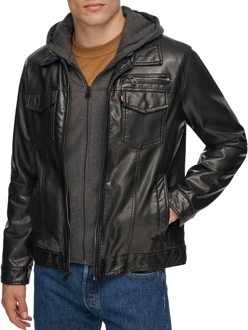 Levi's Black Faux Leather Jacket with Hooded Zip Layer